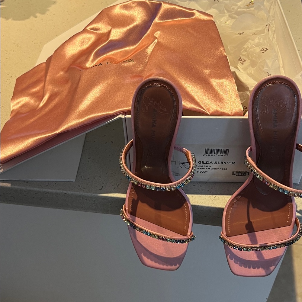 Amina Muaddi Gilda Satin Crystal Embellishments Heels - Picture 8 of 9